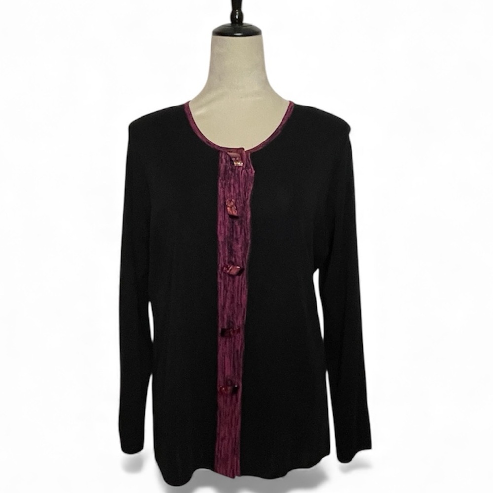 Exclusively Misook Black and Purple Button Front Cardigan